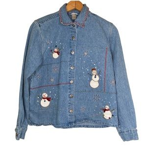 Vintage Christopher & Banks 90’s Denim Embroidered Snowman Button Down Size S
